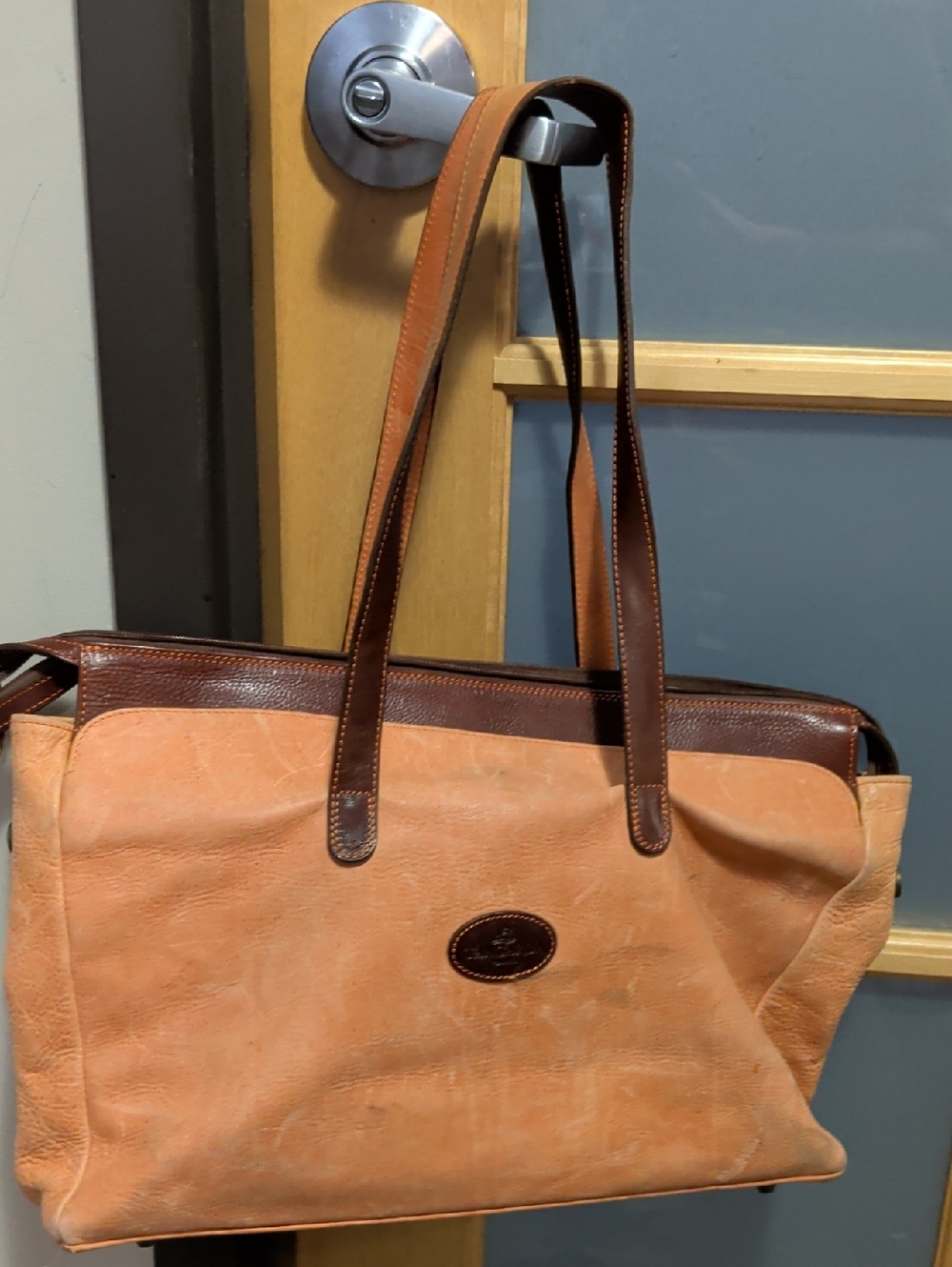 Two-Tone Tan and Dark Brown Leather Tote Bag
